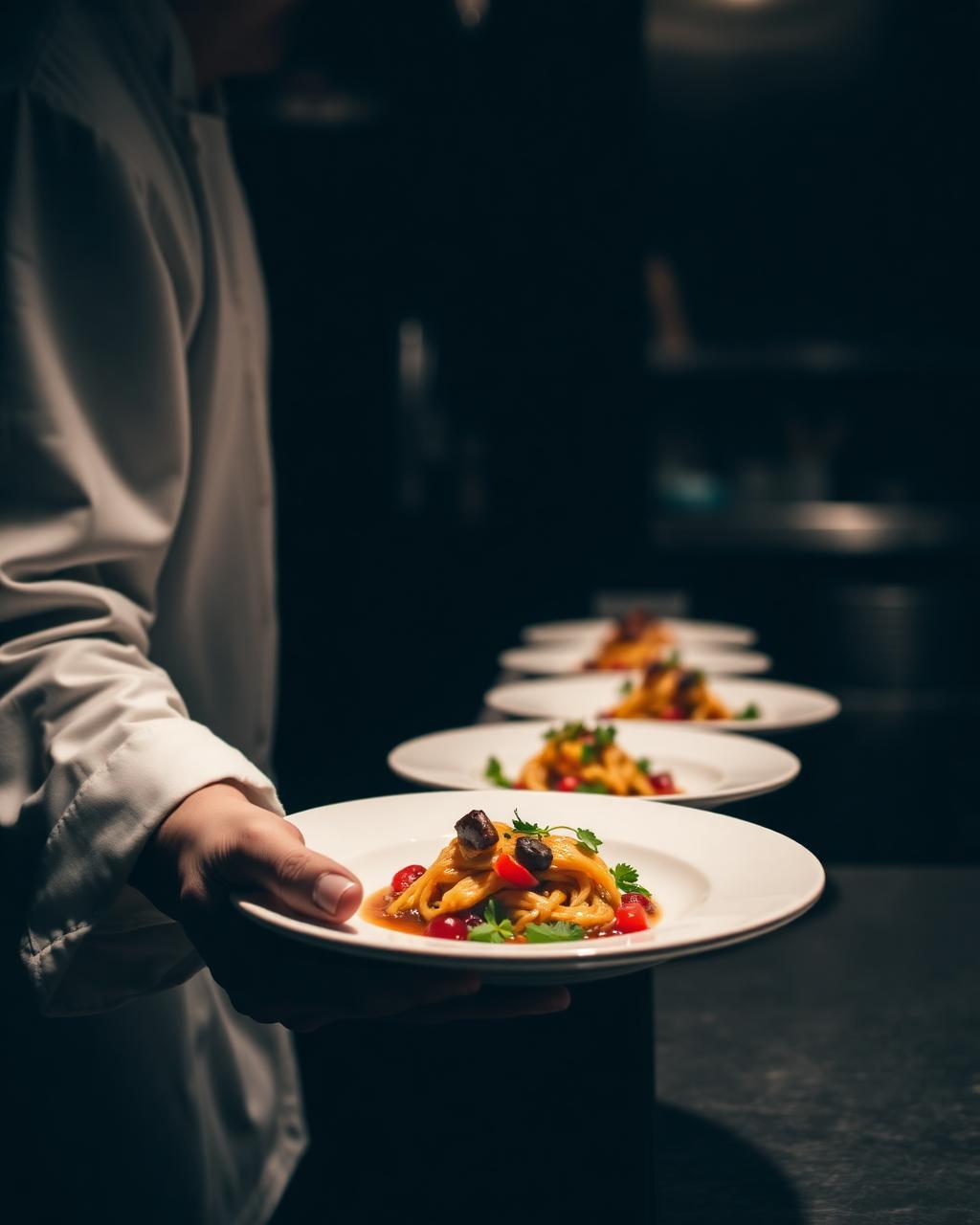 Chef plating a gourmet dish in the Golden Plate Catering kitchen